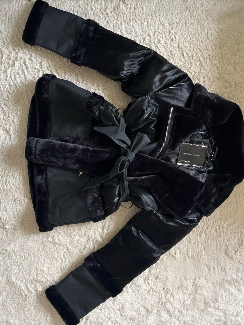 Manière De Voir Black Faux-Fur Trim Belted Women's Jacket - Picture 3 of 11